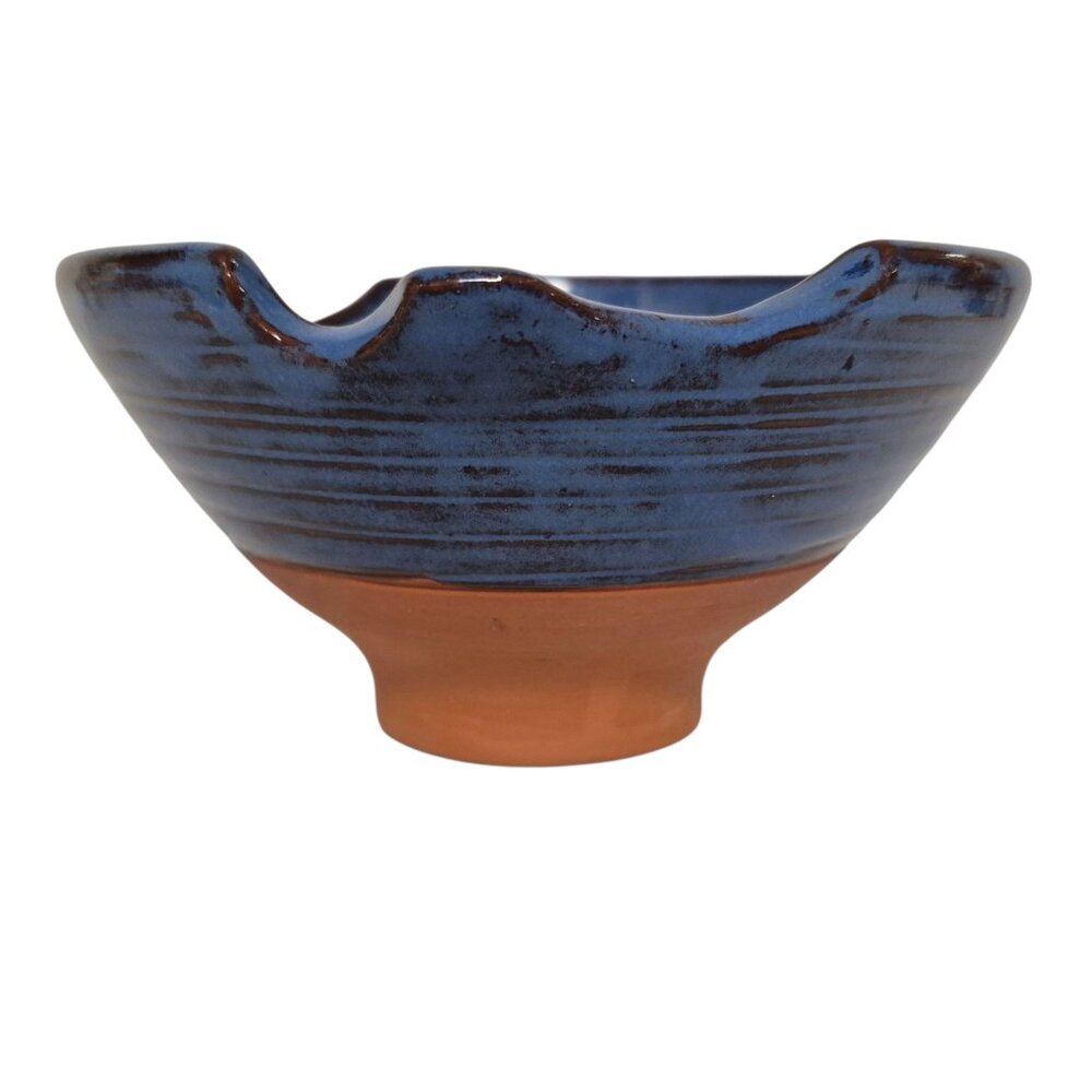 Studio Art Pottery Bowl Signed Footed Red Clay Blue Glaze Decorative Rim Cutouts